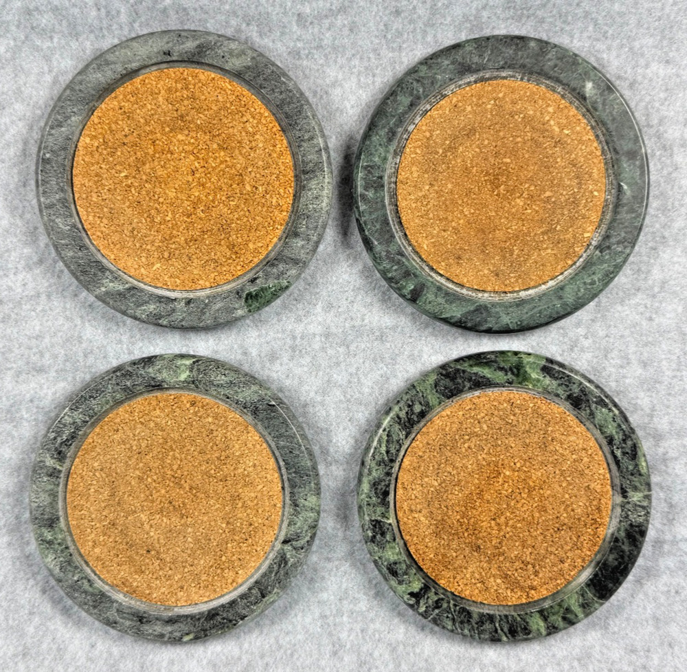 Vintage Green Marble Cork Drink Coasters Set of 4 MCM 4" Round